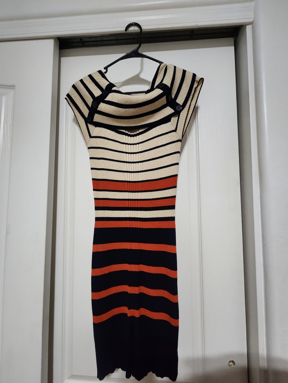 Striped Rib-Knit Midi Dress in Cream, Black & Orange